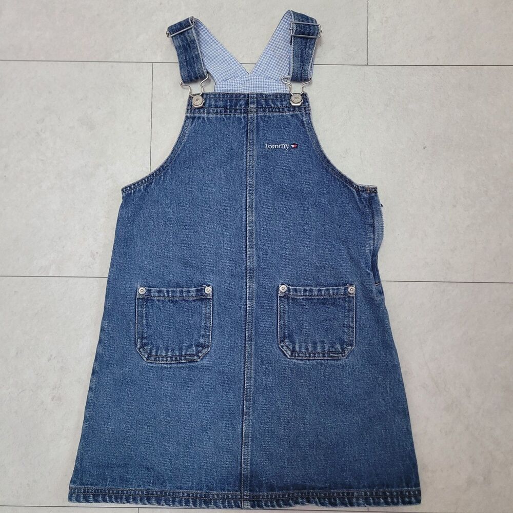 Tommy Hilfiger Overall Dress Jumper Denim Size 6 X Y2K Toddler Blue Plaid Tommy